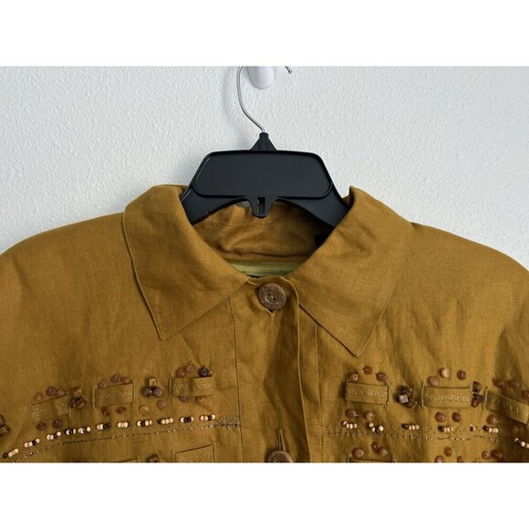 VTG Linen Beaded Cropped Oversized Jacket Mustard ButtonUp Cowgirl Boho Western - Picture 4 of 15